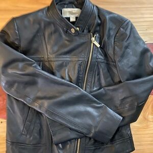 Michael Kors Black Leather Jacket with gold accents